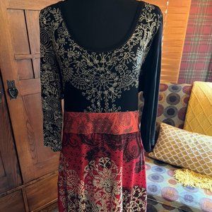 Red, Black, and Orange Print Midi Length Dress Size Large